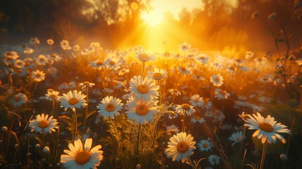 Fototapeta na wymiar Meadow Bliss: Nature's Golden Hour Unveils a Floral Symphony Generative AI