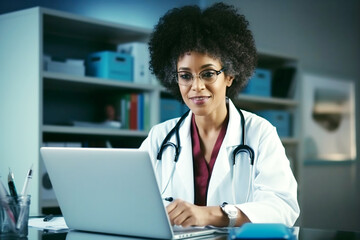 African American woman studies a doctor's report on a laptop. A medical worker in a clinic fills out a medical history. Pharmacist at a medical supplies warehouse.