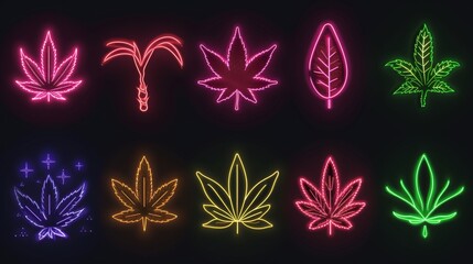 Collection of neon sign of cannabis over black background. - obrazy, fototapety, plakaty