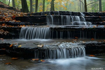 Autumn Serenity: Cascading Waterfall at Turkey Run. Concept Autumn Serenity, Cascading Waterfall, Turkey Run, Nature Photography, Scenic Landscapes