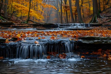 Autumn Serenity: Cascades Amidst Golden Foliage. Concept Autumn, serene, cascades, golden foliage, nature