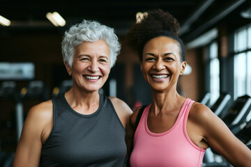 Two attractive middle aged women in the gym. Friends play sports together.