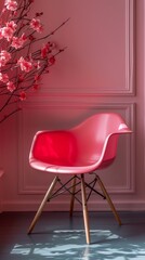 A pink chair sitting in front of a wall with flowers, AI