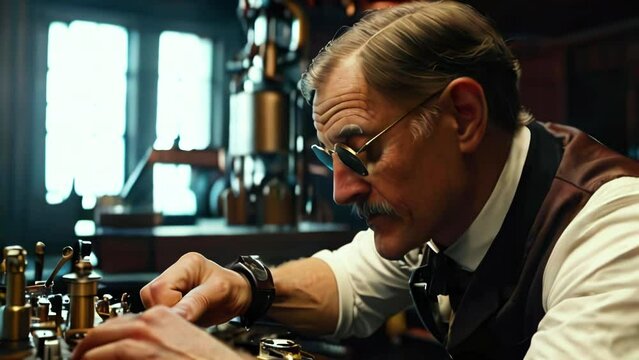Adult watchmaker in glasses assembles watches in steampunk office.