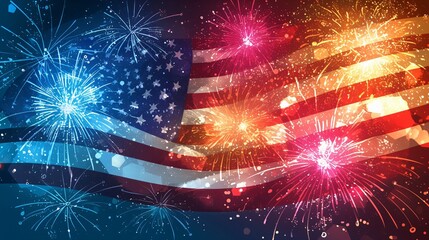 American flag design with fireworks bursting in the background, symbolizing patriotism and celebration.