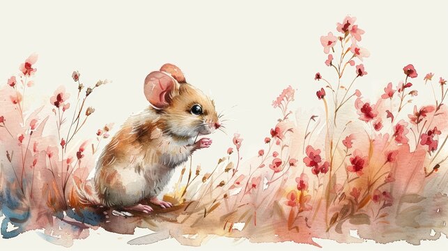 Whimsical Mice and Blooming Flower Watercolor Art Generative AI