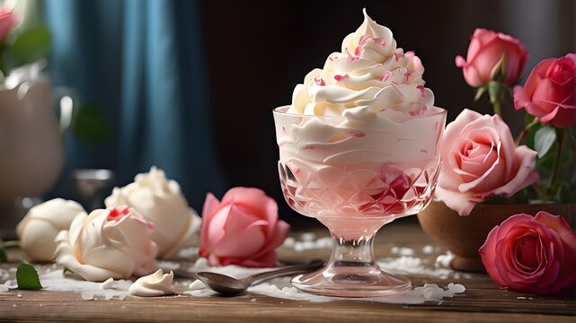 A realistic depiction of a glass of ice cream with pink whipped cream placed elegantly on a wooden table. Two vibrant red roses with long stems are positioned beside the glass, adding a touch of roman