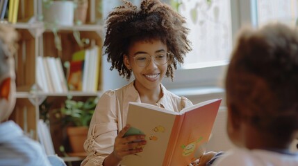 young beautiful teacher reading story for kindergarden students, day care group, child, kids, elementary school - obrazy, fototapety, plakaty