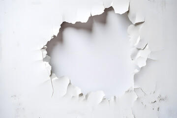 White wall with a large torn hole background. Large torn hole in the center of the white background