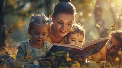 young beautiful teacher reading story for kindergarden students, day care group, child, kids, elementary school - obrazy, fototapety, plakaty