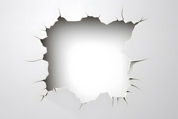 White wall with a large torn hole background. Large torn hole in the center of the white background