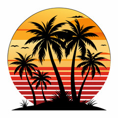 Vintage Retro Sunset Vector T-Shirt Design: Black Silhouette Illustration with Palm Trees & Autumn Vibes, Isolated on White Background