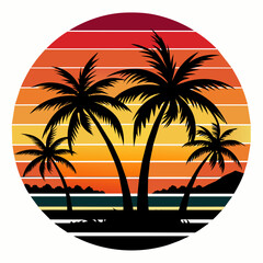 Vintage Retro Sunset Vector T-Shirt Design: Black Silhouette Illustration with Palm Trees & Autumn Vibes, Isolated on White Background