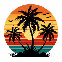 Fototapeta na wymiar Vintage Retro Sunset Vector T-Shirt Design: Black Silhouette Illustration with Palm Trees & Autumn Vibes, Isolated on White Background