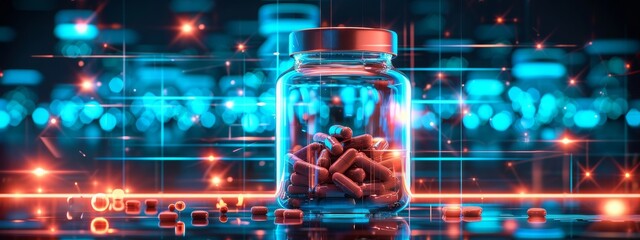 Glowing hologram of prescription drug pill bottle 3D model with dark background.