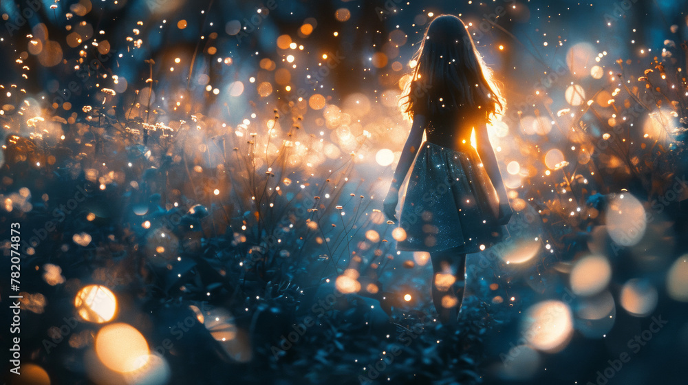 Canvas Prints A woman walking through a field of lighted flowers, AI