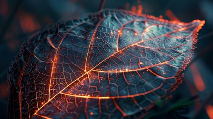 a conceptual realistic image of a huge leaf that is backlit with IT AI elements fused with it in a creative artistic way that has fractal structure - obrazy, fototapety, plakaty