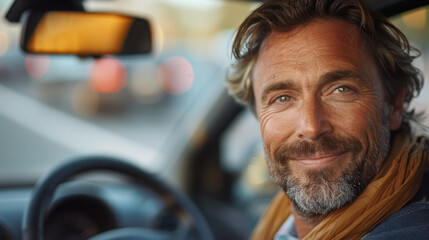 Mid adult man smiling while driving car and looking at mirror for reverse. Happy man feeling comfortable sitting on driver seat in his new car. Smiling mature businessman with seat belt on driving.