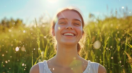 A smiling female enjoy outdoors in spring field with plant flower grass in allergy season