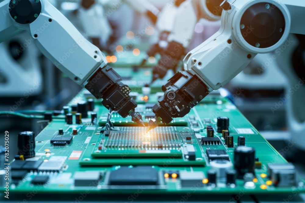 Poster robot assembling circuit components on motherboard in factory