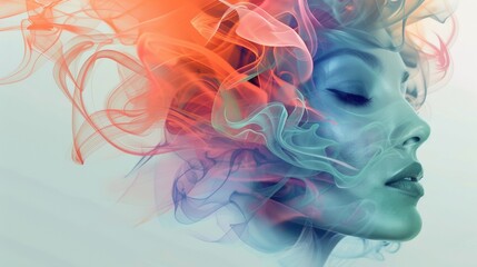 Obraz premium A woman's face is made up of smoke and colorful swirls, AI