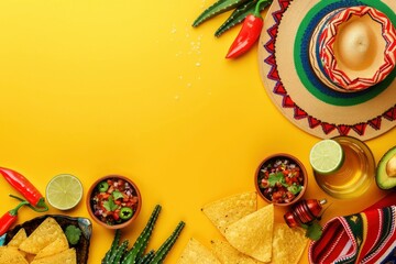 Cinco de Mayo celebration concept. Top flat lay photo of mexican sombrero colorful poncho maracas tequila shots lime chili pepper nacho chips sauce salsa on yellow background with with generative ai