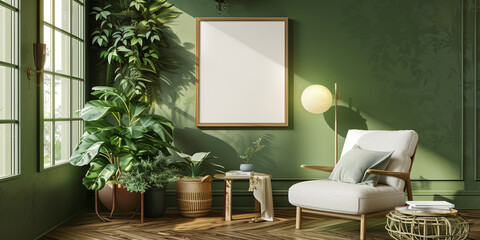 Mockup frame in living room interior background. 3d render.