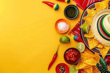 Cinco de Mayo celebration concept. Top flat lay photo of mexican sombrero colorful poncho maracas tequila shots lime chili pepper nacho chips sauce salsa on yellow background with with generative ai
