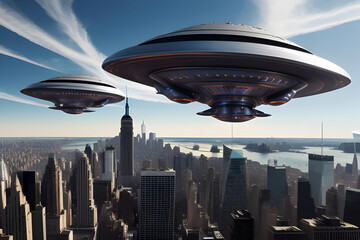 Fototapeta na wymiar Alien spaceship invasion force flying over generic cityscape. Generative AI