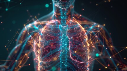 Glowing hologram of human lungs organ 3D structure with dark background.