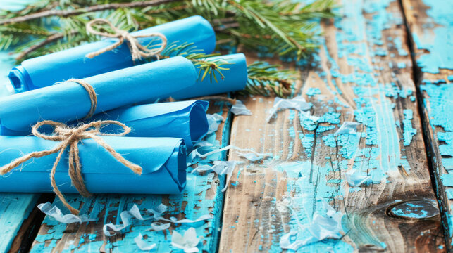 A blue roll of paper is tied with a string and is sitting on a wooden table