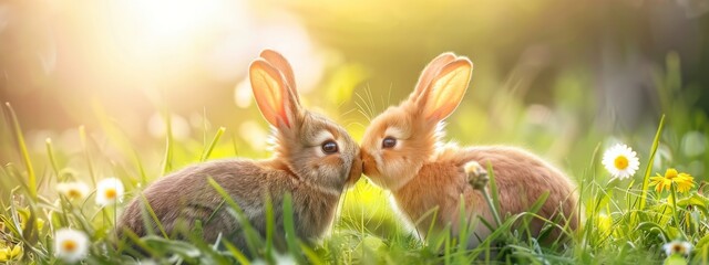Fototapeta na wymiar Two little rabbits kissing on spring field with wildflowers and green grass. Cute couple of bunnies, adorable animals. Easter, Valentine and Mother day. Love, romantic and family care concept