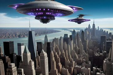 Alien spaceship invasion force flying over generic cityscape.  Generative AI