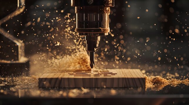 Close-up of CNC machine at work, milling wooden material, creating sawdust. Industrial, craftsmanship and technology concept in manufacturing. Precision woodworking. AI