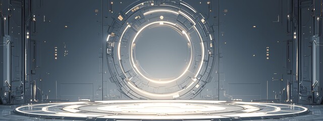 silver futuristic stage with round platform, white light inside the door frame. Background for product presentation and showcase on big screen wall 