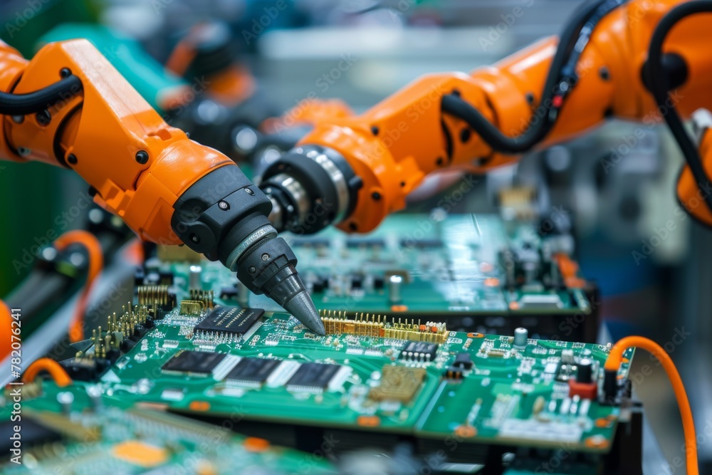 Poster robotic arm assembling circuit components on a motherboard in a factory