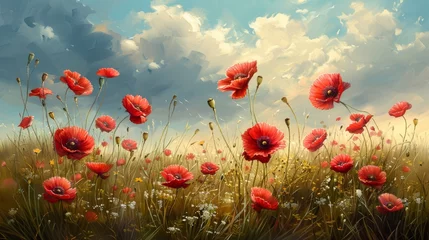 Fotobehang Vibrant Summer Meadow with Blooming Red Poppies Generative AI © Alexander
