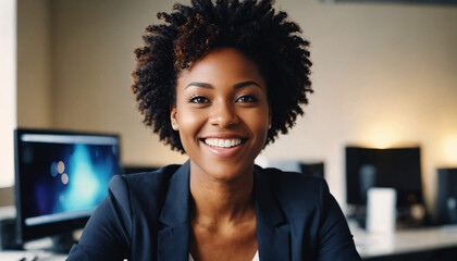 A smiling black woman with curly hair, wearing a white blue is sitting in an office setting. Happy female employee or businesswoman. 