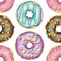 Seamless pattern with various multicolor round donuts with glaze and colorful topping isolated on white background. Watercolor hand drawn illustration