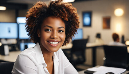 A smiling black woman with curly hair, wearing a white shirt is sitting in an office setting. Happy female employee or businesswoman. 