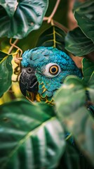 Obraz premium A blue parrot sitting in a tree surrounded by leaves, AI