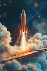 Naklejka premium Business Ascent Tablet Transformed into Rocket, Reaching New Heights