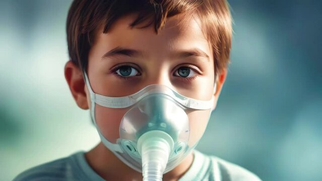 Portrait of child doing inhalation in hospital during allergic asthma attack. Inhaled hormone therapy for treatment of respiratory tract.
