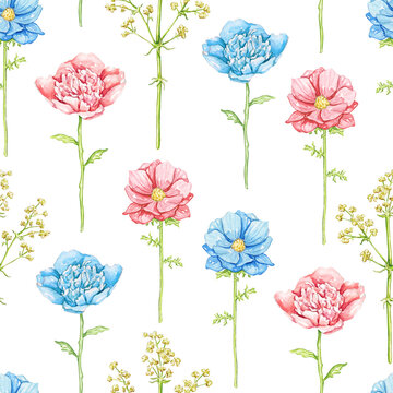 Seamless pattern with blue and red flowers isolated on white background. Watercolor hand drawn illustration