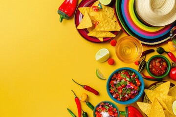 Cinco de Mayo celebration concept. Top flat lay photo of mexican sombrero colorful poncho maracas tequila shots lime chili pepper nacho chips sauce salsa on yellow background with with generative ai