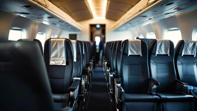 Pull back shot of empty interior passenger plane with comfortable seats in economy class. Fast transport for travel. Transportation of passengers by charter flight.