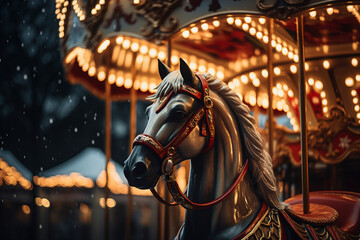 Carousel horse at the amusement park in the night made with generative AI - obrazy, fototapety, plakaty