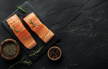 A black slate background with two fresh salmon fillets, arranged in an aesthetically pleasing composition. The fish is cut into rectangular shapes and garnished with rosemary leaves for cooking or pla - obrazy, fototapety, plakaty