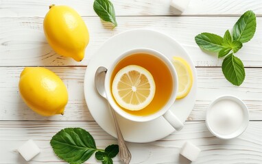 A cup of herbal tea with lemon and sugar on a white wooden table, flat lay - obrazy, fototapety, plakaty