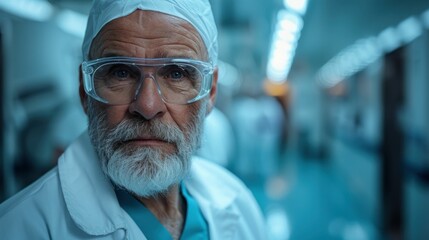 Senior scientist in white lab coat and glasses standing in hallway with long corridor in background